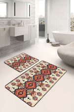 - PaspasTakimi-2li-Set1537-Gorsel-1 - Realhomes 2'li Set Krem - Bej Zeminde Geleneksel Motifli Geometrik Desenli Etnik Motifler Vintage 2'li Banyo & Mutfak Paspas Takımı Realhomes