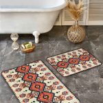 2'li Set Kırmızı Zeminde Geleneksel Motifli Uşak Desenli Eskitme Motifli Avangarde  2'li Banyo & Mutfak Paspas Takımı Realhomes