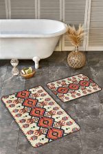 - Realhomes - Realhomes 2'li Set Krem - Bej Zeminde Geleneksel Motifli Geometrik Desenli Etnik Motifler Vintage 2'li Banyo & Mutfak Paspas Takımı Realhomes