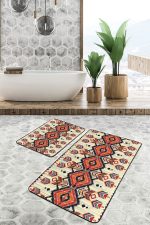 - PaspasTakimi-2li-Set1537-Gorsel-2 - Realhomes 2'li Set Krem - Bej Zeminde Geleneksel Motifli Geometrik Desenli Etnik Motifler Vintage 2'li Banyo & Mutfak Paspas Takımı Realhomes