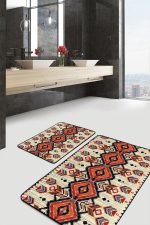 - PaspasTakimi-2li-Set1537-Gorsel-5 - Realhomes 2'li Set Krem - Bej Zeminde Geleneksel Motifli Geometrik Desenli Etnik Motifler Vintage 2'li Banyo & Mutfak Paspas Takımı Realhomes