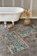 - Realhomes - Realhomes  2'li Set Mavi Zeminde Kilim Motifli Geometrik Desenli Vintage Avangarde  2'li Banyo & Mutfak Paspas Takımı Realhomes