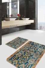- PaspasTakimi-2li-Set1539-Gorsel - Realhomes  2'li Set Mavi Zeminde Kilim Motifli Geometrik Desenli Vintage Avangarde  2'li Banyo & Mutfak Paspas Takımı Realhomes