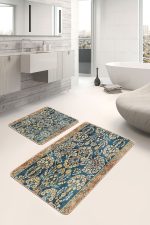 - PaspasTakimi-2li-Set1539-Gorsel-2 - Realhomes  2'li Set Mavi Zeminde Kilim Motifli Geometrik Desenli Vintage Avangarde  2'li Banyo & Mutfak Paspas Takımı Realhomes
