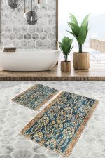 - PaspasTakimi-2li-Set1539-Gorsel-4 - Realhomes  2'li Set Mavi Zeminde Kilim Motifli Geometrik Desenli Vintage Avangarde  2'li Banyo & Mutfak Paspas Takımı Realhomes