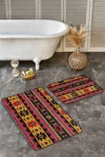 - Realhomes - Realhomes  2'li Set Siyah Zeminde Geometrik Motifli Kilim Desenli Etnik Motifler Vintage  2'li Banyo & Mutfak Paspas Takımı Realhomes