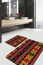 - PaspasTakimi-2li-Set1540-Gorsel - Realhomes  2'li Set Siyah Zeminde Geometrik Motifli Kilim Desenli Etnik Motifler Vintage  2'li Banyo & Mutfak Paspas Takımı Realhomes