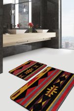 2'li Set Siyah Zeminde Vintage Motifli Geleneksel Desenli Vintage Etnik Motifler  2'li Banyo & Mutfak Paspas Takımı Realhomes