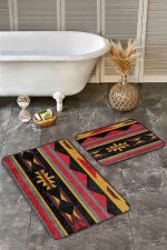 2'li Set Siyah Zeminde Vintage Motifli Geleneksel Desenli Vintage Etnik Motifler  2'li Banyo & Mutfak Paspas Takımı Realhomes