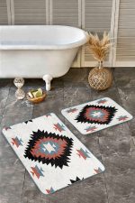 - Realhomes - Realhomes 2'li Set Siyah Zeminde Retro Motifli Kilim Desenli Geometrik Klasik 2'li Banyo & Mutfak Paspas Takımı Realhomes