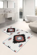 - PaspasTakimi-2li-Set1542-Gorsel-2 - Realhomes 2'li Set Siyah Zeminde Retro Motifli Kilim Desenli Geometrik Klasik 2'li Banyo & Mutfak Paspas Takımı Realhomes