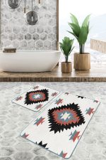 - PaspasTakimi-2li-Set1542-Gorsel-4 - Realhomes 2'li Set Siyah Zeminde Retro Motifli Kilim Desenli Geometrik Klasik 2'li Banyo & Mutfak Paspas Takımı Realhomes