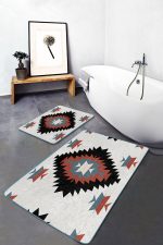 - PaspasTakimi-2li-Set1542-Gorsel-5 - Realhomes 2'li Set Siyah Zeminde Retro Motifli Kilim Desenli Geometrik Klasik 2'li Banyo & Mutfak Paspas Takımı Realhomes