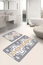 - PaspasTakimi-2li-Set1543-Gorsel-1 - Realhomes  2'li Set Gri Zeminde Tribal Motifli Geometrik Desenli Etnik Motifler Vintage  2'li Banyo & Mutfak Paspas Takımı Realhomes