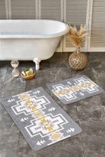 - Realhomes - Realhomes  2'li Set Gri Zeminde Tribal Motifli Geometrik Desenli Etnik Motifler Vintage  2'li Banyo & Mutfak Paspas Takımı Realhomes