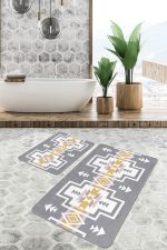- PaspasTakimi-2li-Set1543-Gorsel-2 - Realhomes  2'li Set Gri Zeminde Tribal Motifli Geometrik Desenli Etnik Motifler Vintage  2'li Banyo & Mutfak Paspas Takımı Realhomes