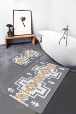 - PaspasTakimi-2li-Set1543-Gorsel-4 - Realhomes  2'li Set Gri Zeminde Tribal Motifli Geometrik Desenli Etnik Motifler Vintage  2'li Banyo & Mutfak Paspas Takımı Realhomes