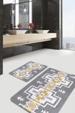 - PaspasTakimi-2li-Set1543-Gorsel-5 - Realhomes  2'li Set Gri Zeminde Tribal Motifli Geometrik Desenli Etnik Motifler Vintage  2'li Banyo & Mutfak Paspas Takımı Realhomes