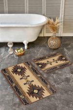 2'li Set Kahverengi Zeminde Geometrik Motifli Kilim Desenli Vintage Etnik Motifler  2'li Banyo & Mutfak Paspas Takımı Realhomes