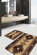 2'li Set Kahverengi Zeminde Geometrik Motifli Kilim Desenli Vintage Etnik Motifler  2'li Banyo & Mutfak Paspas Takımı Realhomes
