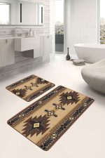 2'li Set Kahverengi Zeminde Geometrik Motifli Kilim Desenli Vintage Etnik Motifler  2'li Banyo & Mutfak Paspas Takımı Realhomes