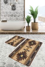 2'li Set Kahverengi Zeminde Geometrik Motifli Kilim Desenli Vintage Etnik Motifler  2'li Banyo & Mutfak Paspas Takımı Realhomes