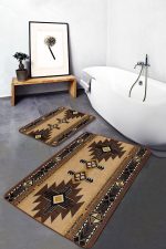 2'li Set Kahverengi Zeminde Geometrik Motifli Kilim Desenli Vintage Etnik Motifler  2'li Banyo & Mutfak Paspas Takımı Realhomes