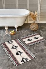 2'li Set Ekru Zeminde Vintage Motifli Geleneksel Desenli Geometrik Etnik Motifler  2'li Banyo & Mutfak Paspas Takımı Realhomes