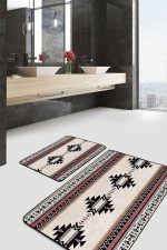2'li Set Ekru Zeminde Vintage Motifli Geleneksel Desenli Geometrik Etnik Motifler  2'li Banyo & Mutfak Paspas Takımı Realhomes