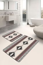 2'li Set Ekru Zeminde Vintage Motifli Geleneksel Desenli Geometrik Etnik Motifler  2'li Banyo & Mutfak Paspas Takımı Realhomes