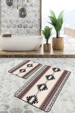 2'li Set Ekru Zeminde Vintage Motifli Geleneksel Desenli Geometrik Etnik Motifler  2'li Banyo & Mutfak Paspas Takımı Realhomes