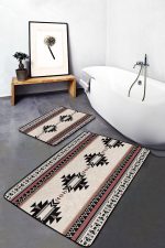 2'li Set Ekru Zeminde Vintage Motifli Geleneksel Desenli Geometrik Etnik Motifler  2'li Banyo & Mutfak Paspas Takımı Realhomes