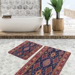 2'li Set Mavi Zeminde Hereke Motifli Kilim Desenli Etnik Motifler Avangarde  2'li Banyo & Mutfak Paspas Takımı Realhomes