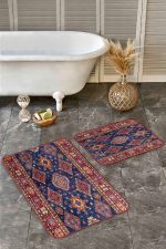 - Realhomes - Realhomes  2'li Set Kırmızı Zeminde Uşak Motifli Geleneksel Desenli Etnik Motifler Avangarde  2'li Banyo & Mutfak Paspas Takımı Realhomes