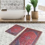 2'li Set Füme - Mavi Zeminde Geometrik Motifli Kanvas Desenli Geometrik Sade & Şık  2'li Banyo & Mutfak Paspas Takımı Realhomes