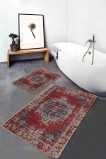 - PaspasTakimi-2li-Set1551-Gorsel - Realhomes  2'li Set Kırmızı Zeminde Yöresel Motifli Kilim Desenli Eskitme Motifli Avangarde  2'li Banyo & Mutfak Paspas Takımı Realhomes