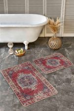 - Realhomes - Realhomes  2'li Set Kırmızı Zeminde Yöresel Motifli Kilim Desenli Eskitme Motifli Avangarde  2'li Banyo & Mutfak Paspas Takımı Realhomes