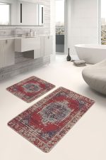 - PaspasTakimi-2li-Set1551-Gorsel-4 - Realhomes  2'li Set Kırmızı Zeminde Yöresel Motifli Kilim Desenli Eskitme Motifli Avangarde  2'li Banyo & Mutfak Paspas Takımı Realhomes