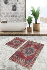 - PaspasTakimi-2li-Set1551-Gorsel-5 - Realhomes  2'li Set Kırmızı Zeminde Yöresel Motifli Kilim Desenli Eskitme Motifli Avangarde  2'li Banyo & Mutfak Paspas Takımı Realhomes
