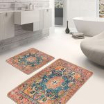 2'li Set Mavi - Gri Zeminde Antik Motifli İran Desenli Avangarde Eskitme Motifli  2'li Banyo & Mutfak Paspas Takımı Realhomes