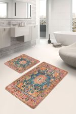 - PaspasTakimi-2li-Set1552-Gorsel - Realhomes 2'li Set Turuncu Zeminde Uşak Motifli Geleneksel Desenli Avangarde Etnik Motifler 2'li Banyo & Mutfak Paspas Takımı Realhomes