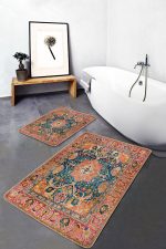 - PaspasTakimi-2li-Set1552-Gorsel-2 - Realhomes 2'li Set Turuncu Zeminde Uşak Motifli Geleneksel Desenli Avangarde Etnik Motifler 2'li Banyo & Mutfak Paspas Takımı Realhomes