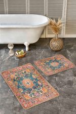 - Realhomes - Realhomes 2'li Set Turuncu Zeminde Uşak Motifli Geleneksel Desenli Avangarde Etnik Motifler 2'li Banyo & Mutfak Paspas Takımı Realhomes