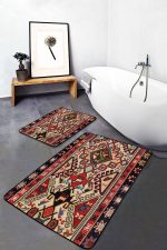 - PaspasTakimi-2li-Set1553-Gorsel-1 - Realhomes  2'li Set Kırmızı Zeminde Türkmen Motifli Kilim Desenli Avangarde Vintage  2'li Banyo & Mutfak Paspas Takımı Realhomes