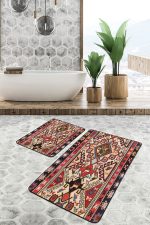 - PaspasTakimi-2li-Set1553-Gorsel - Realhomes  2'li Set Kırmızı Zeminde Türkmen Motifli Kilim Desenli Avangarde Vintage  2'li Banyo & Mutfak Paspas Takımı Realhomes