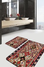 - PaspasTakimi-2li-Set1553-Gorsel-2 - Realhomes  2'li Set Kırmızı Zeminde Türkmen Motifli Kilim Desenli Avangarde Vintage  2'li Banyo & Mutfak Paspas Takımı Realhomes