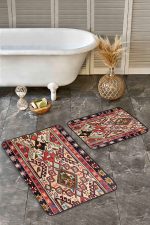 - Realhomes - Realhomes  2'li Set Kırmızı Zeminde Türkmen Motifli Kilim Desenli Avangarde Vintage  2'li Banyo & Mutfak Paspas Takımı Realhomes