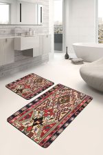 - PaspasTakimi-2li-Set1553-Gorsel-5 - Realhomes  2'li Set Kırmızı Zeminde Türkmen Motifli Kilim Desenli Avangarde Vintage  2'li Banyo & Mutfak Paspas Takımı Realhomes