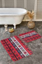 - Realhomes - Realhomes  2'li Set Kırmızı Zeminde Hereke Motifli Geleneksel Desenli Etnik Motifler Klasik  2'li Banyo & Mutfak Paspas Takımı Realhomes