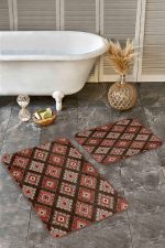 - Realhomes - Realhomes  2'li Set Kahverengi Zeminde Geleneksel Motifli Kilim Desenli Geometrik Etnik Motifler  2'li Banyo & Mutfak Paspas Takımı Realhomes